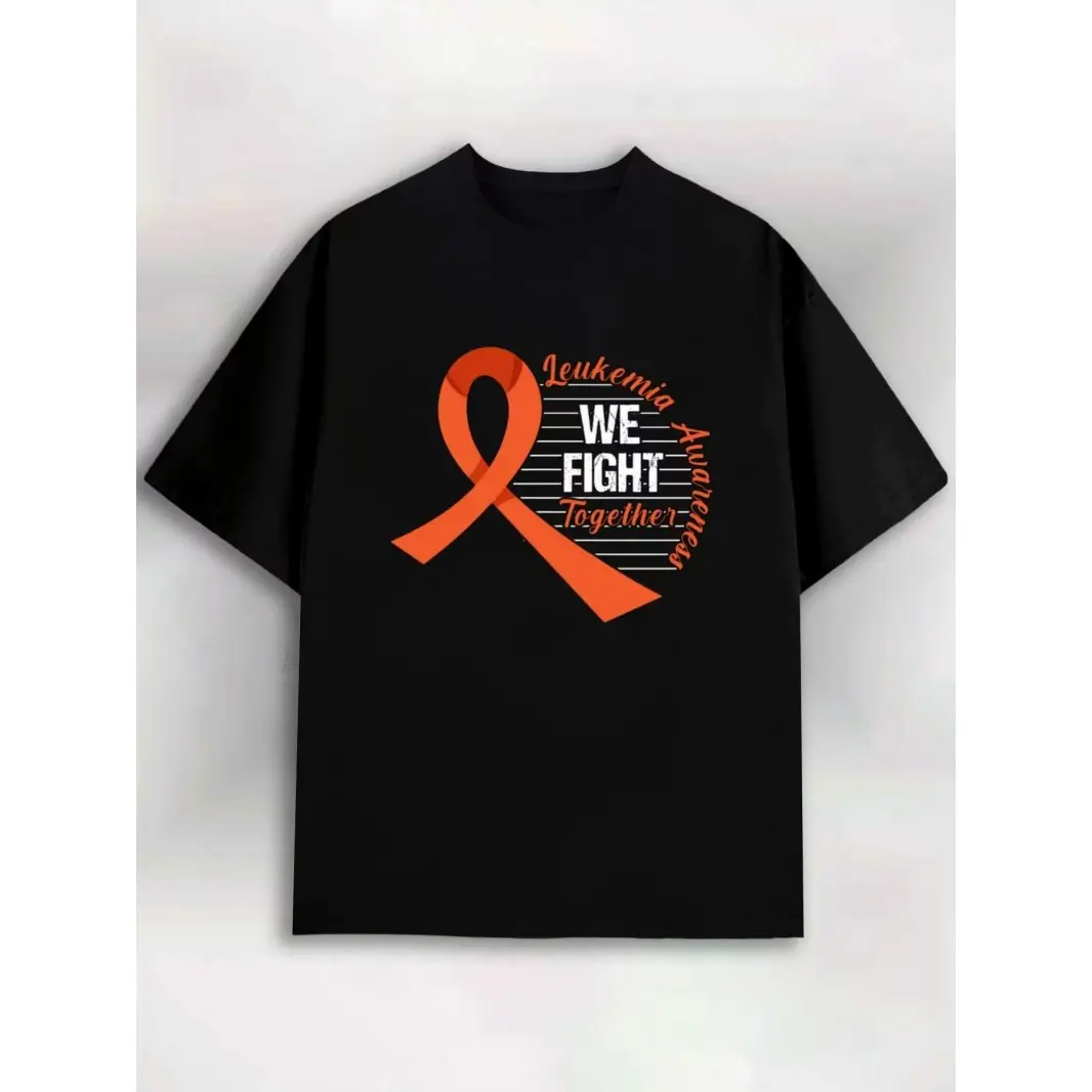 Women's Cotton Blend Short-Sleeve Round-Neck T-Shirt - Orange Ribbon Leukemia Awareness "We Fight Together" Inspirational Casual Street Everyday Top, Soft & Breathable Summer Wear, Shortsleeve