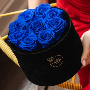 9 Royal Blue Roses - Black Round Velvet Box