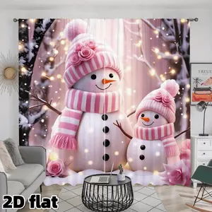 2D Flat 2Pcs Pink Winter Snowman Pattern Curtains Rod Pocket Design Semi Sunshade Polyester Fabric Holiday Theme Decorative Window Treatment Panels Suitable for Living Room Bedroom Kitchen Christmas Home Decor Anti Privacy Home Decoration Curtain