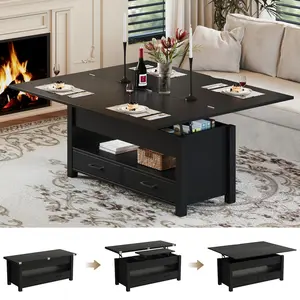 Garvee Convertible Lift Top Coffee Table with Split Gas Mechanism, 2 Storage Drawers, Hidden Compartment, Adjustable Height, Multifunctional Ottoman-Dining Table, Farmhouse Design, Walnut Brown & Black Options