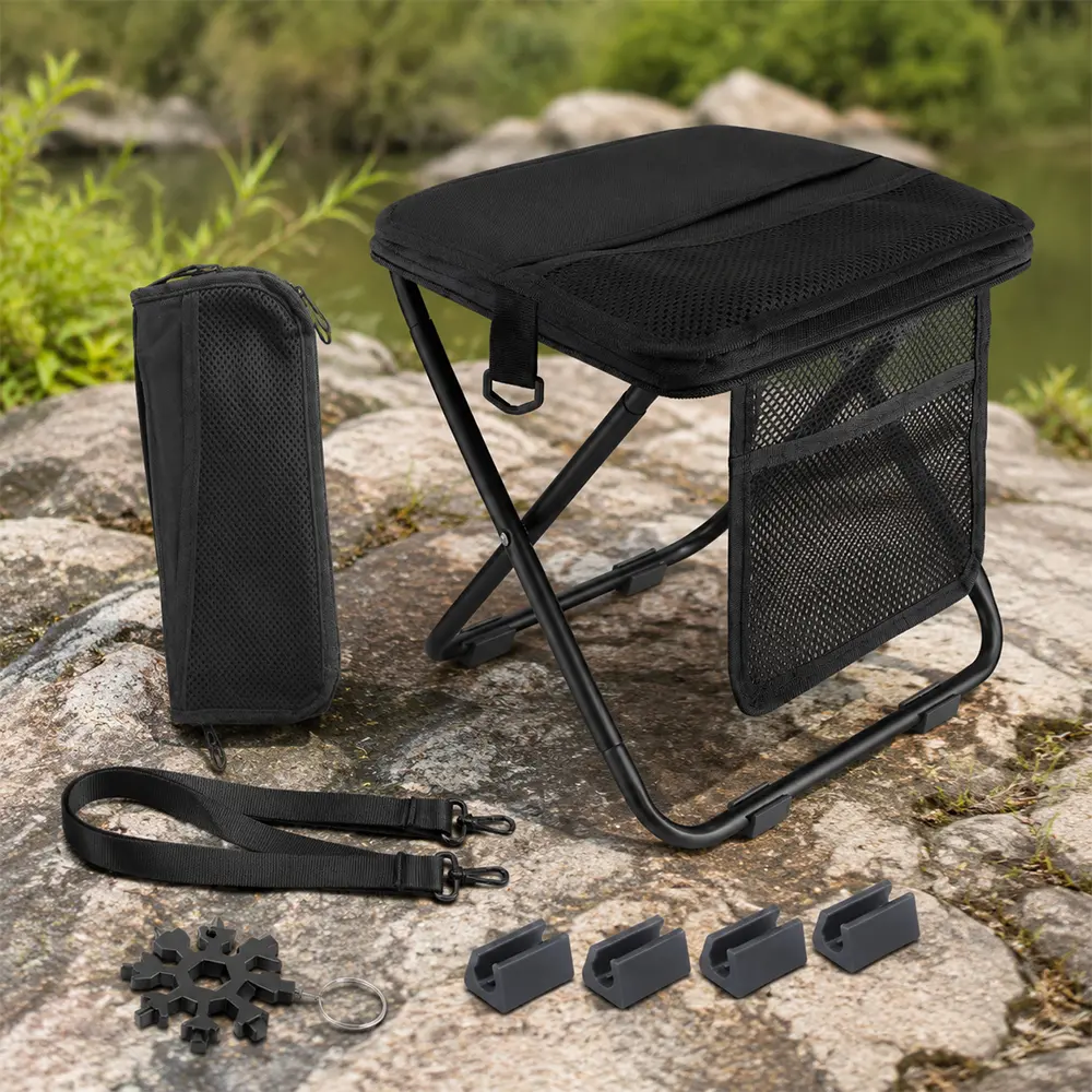 Unisex Portable Folding Stool - Oxford Cloth X-Frames, 250lb Capacity, Side Pockets, Shoulder Strap, Anti-Pinch Design for Camping, Fishing