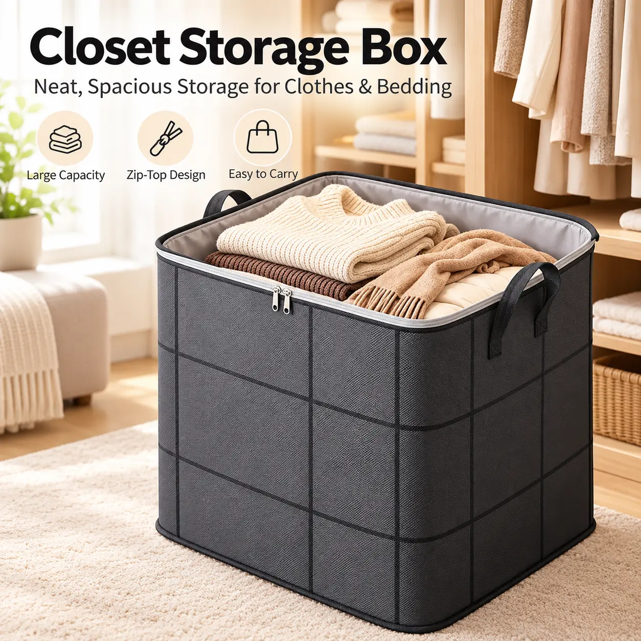 2 Pack Large Lightweight Fabric Storage Bins (50×50×70cm, 175L) - Farmhouse Decor High Capacity Modular Foldable Multi-Handled Large Container Storage Bins with Dual Zipper Lid, Handles, Collapsible Closet Organizers for Clothes, Laundry, High Capacity St