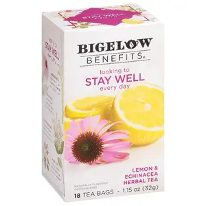 6x Bigelow Benefits Stay Well Lemon & Echinacea - Herbal Tea Drink Health Wellness Immune Support Vitamin C Caffeine Free Natural Fruit Infusion Beverage Kitchen Pantry Brewing Hot Iced Refreshing Wholesale Bulk Pack Bundle 18ct 108 Count