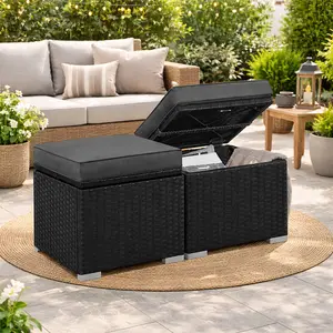 Yaheetech 2Pcs Wicker Ottomans with Hidden Storage, Outdoor/Indoor Footstools, Patio PE Rattan Side Tables Additional Seating with Cushion for Deck, Porch, Garden