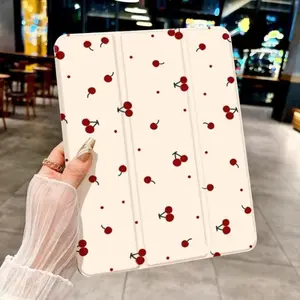 Cute Red Cherry Case for  iPad Pro M4 5th Generation 2025 Case With pen Holder for IPad A16 11 10 th Mini A17 Pro Air M3 13 11 12.9 10.2 " with Pencil Holder Trifold Stand Protective CoverAuto Sleep Wake