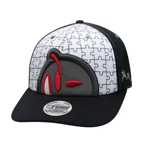 YUMS Wild Style 01 Snapback - Black White Red Gray Streetwear Fashion Hat Embroidered Fitted Cap with Puzzle Pattern and Star Detailing Curved Brim