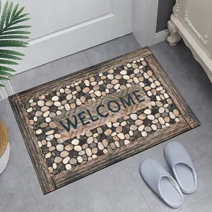 Welcome Cobblestone 3D Stone Pattern Doormat Non-Slip Rug Waterproof Machine Washable Polyester Carpet for Home Outdoor Decor