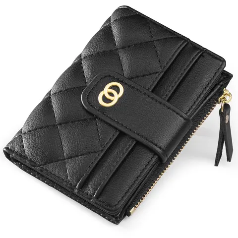 VTLASK Women's Basic Bifold Leather Wallet - Chic Minimalist Diamond Quilted Slim, Casual Everyday Carry, Business Card Storage, ID Window, Snap+Zip Coin Pocket, Bill Organizer
