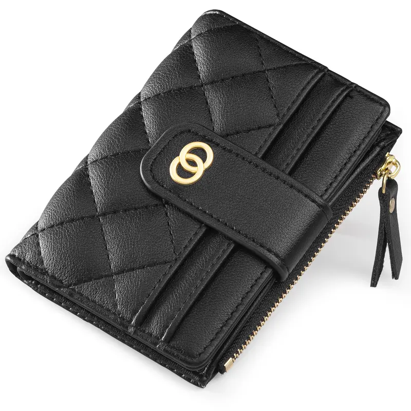 VTLASK Women's Basic Bifold Leather Wallet - Chic Minimalist Diamond Quilted Slim, Casual Everyday Carry, Business Card Storage, ID Window, Snap+Zip Coin Pocket, Bill Organizer
