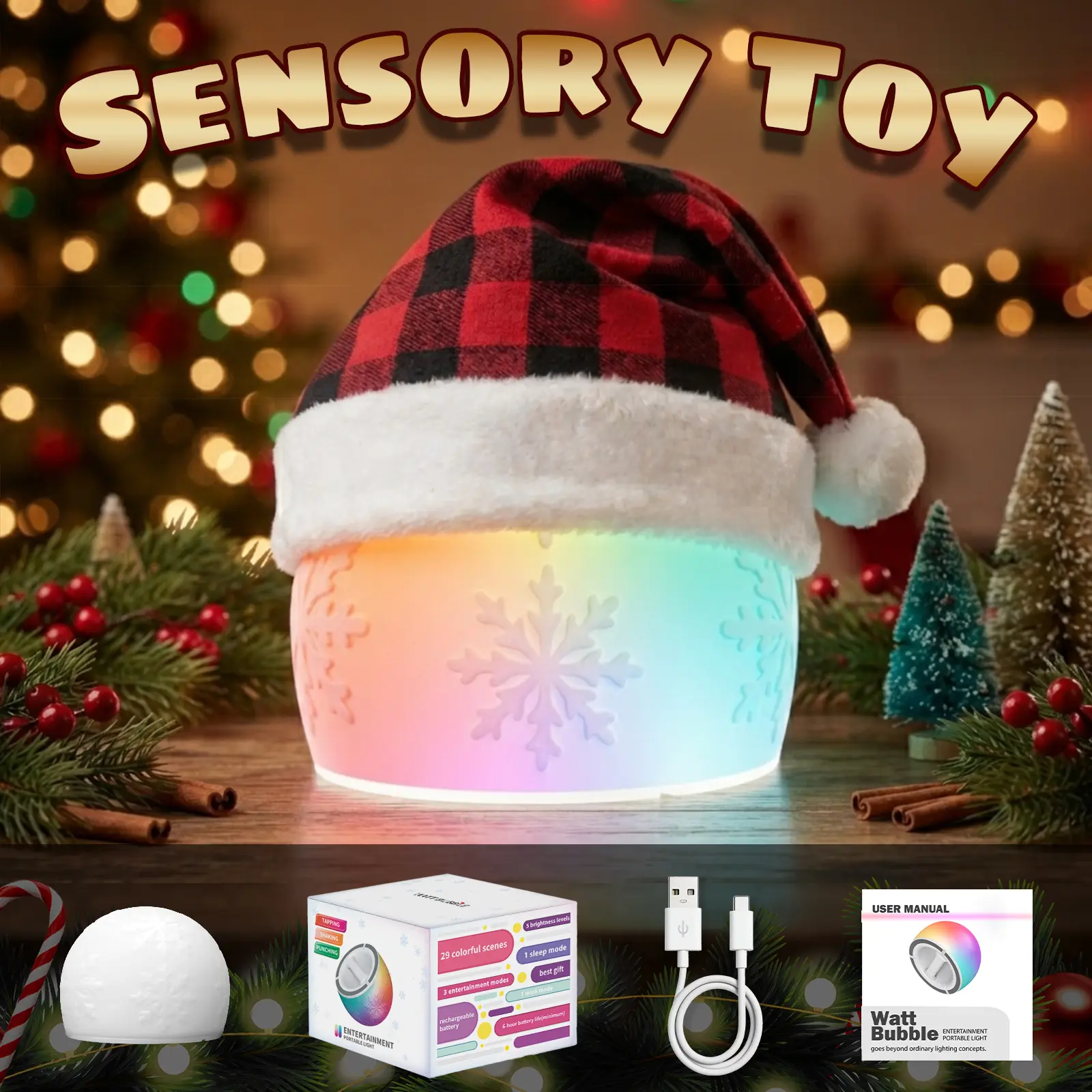 Watt Bubble Interactive LED Stress-Relief Toy  Tapable and Squeezeable Night light- 6-Inch Glowing Rechargeable LED Ball, 3 Modes, 29-Color Ambient Light, Deal For You, Perfect Gift Push Pop Kids Toys Gifts Family Pop Game