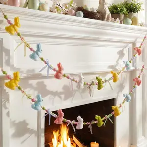 Easter Bunny Garland Banner with Wood Beads for Easter Decor, Rustic Rabbits Hanging Garland for Mantle Fireplace Shelf Wall Display Spring Home Decor, Shamrock Garland for St. Patrick's Day Luck Of The Irish Green Decor, Indoor Party Supplies & Gifts