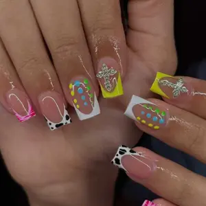 24pc Medium Short Square Press-On Nails, Dopamine French Cow Print Rhinestone Cross False Nails, Acrylic Nail Art Stickers for Women