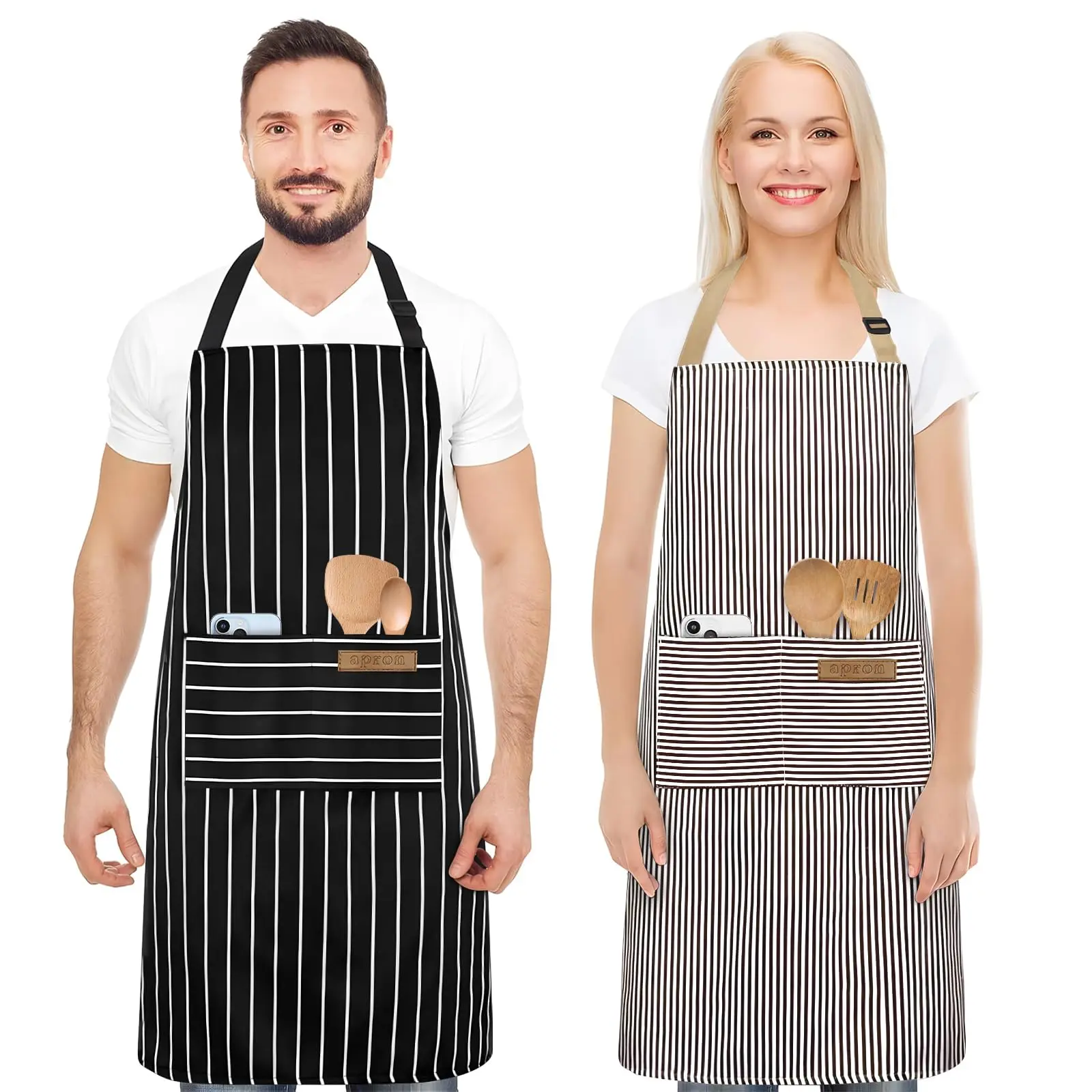 Unisex 2-Pack Adjustable Strap Kitchen Bib Aprons with Pockets - High-Density Polyester-Cotton Fabric, Soft, Breathable, Oven-Safe, Machine-Washable, Durable, Easy-Cleaning Household Kitchenware for Couples, Baking Gift