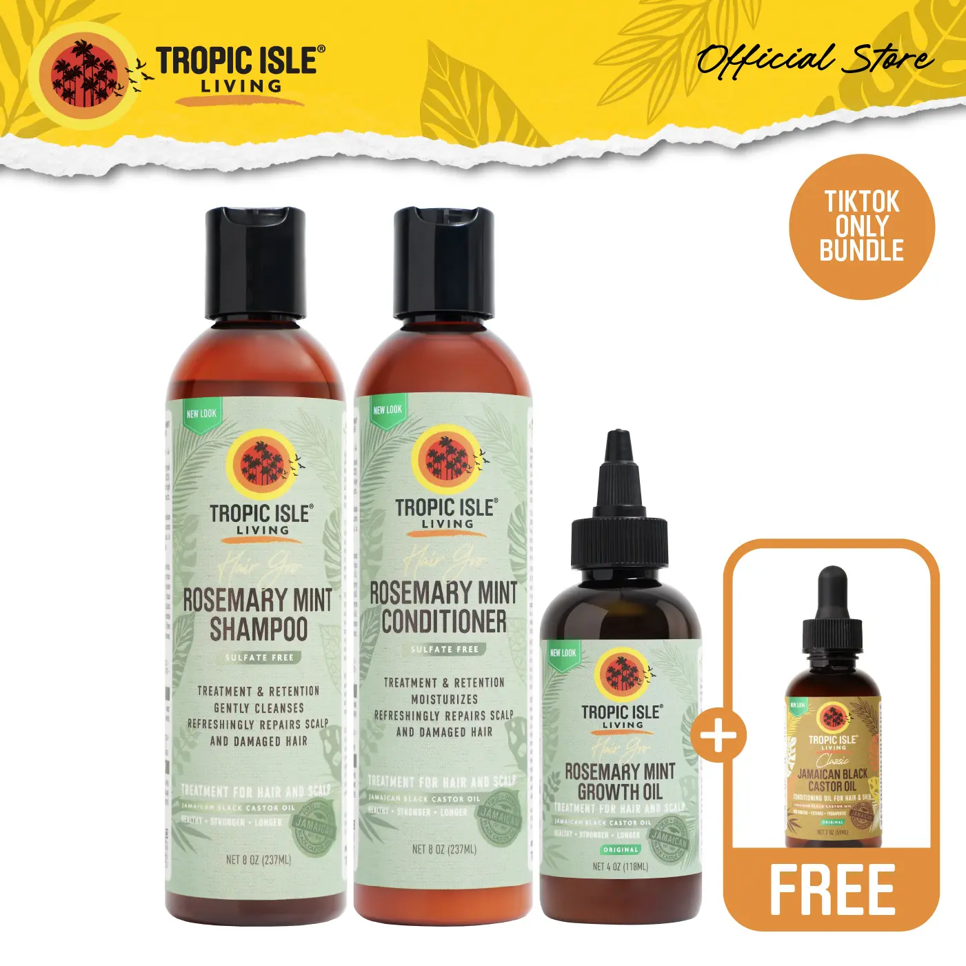 TROPIC ISLE LIVING Fresh Mint Rosemary Hair Growth 4-Piece Anti-Hair Loss Kit - Shampoo, Cleanser, Conditioner, Jamaican Black Castor-Olive Oil (Olea Europaea) Blend, Moisturizer - Strengthen, Hydrate, Smooth, Thinning Edges Care, Dry/Itchy Scalp Haircare