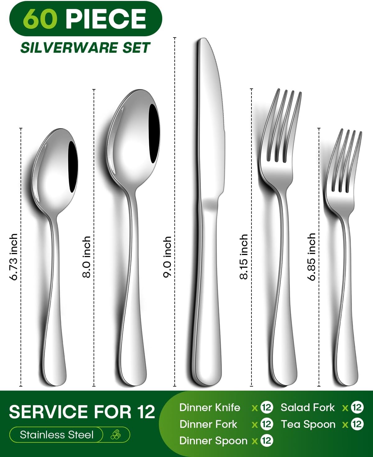 60-Piece Silver Stainless Steel Cutlery Set with Forks, Knives, Spoons - Durable Tableware Utensils, Knives Kitchen Set for Home Kitchen, Outdoor Use 60-Piece Silver Stainless Steel Cutlery Set with Forks, Knives, Spoons - Durable Tableware Utensils, Knives Kitchen Set for Home Kitchen, Outdoor Use