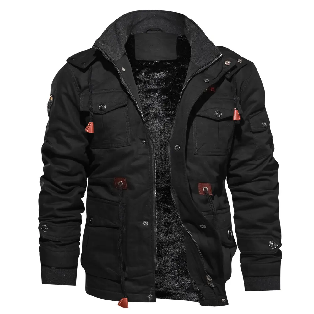 Men’s washed cotton fleece-lined hooded cargo jacket, winter warm work coat, multi-pocket tactical outerwear for daily commuting, hiking, camping