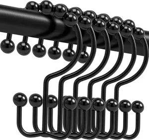 Shower Curtain Hooks, 12 Pcs Rustproof Metal Shower Curtain Rings,Free Sliding Double Shower Hooks for Shower Curtain & Liners, Shower Curtain Hangers for Bathroom Shower Curtain Rods Curtains (Black) Cerpourt
