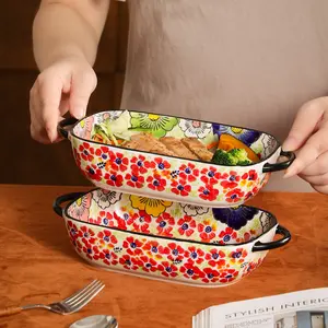 Bohemian Style Ceramic Baking Pan Bakeware, 9-Inch Rectangular Casserole Dish with Handles, Vibrant Floral Design, Perfect for Cheese Baked Rice & More