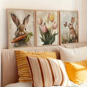 Optional Wooden Frame Easter Bunny and Lily Wall Art Retro Floral Spring Flower Painting Cute Plant Poster for Bedroom Wall Decoration