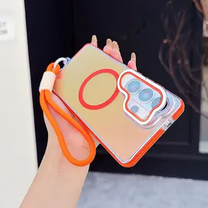 Gradient Laser Magnetic Camera Bracket Protective Case For Samsung S26 S25 S24 S23 Plus Ultra FE A56 A16 5G Wrist Chain Lens Film Protect Stand Cover Accessories