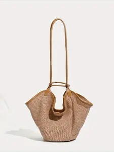 French Basket with Dual Layer Leather Handles, Fashionable Straw Beach Bag, Multi-Purpose Woven Market Basket for Shopping & Daily Use