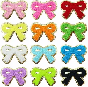 12 PCS Bow Patch Gold Edges Bow Iron On Patch Chenille Embroidery Patche Cute Sew On Patch for DIY Hats Bags Clothes