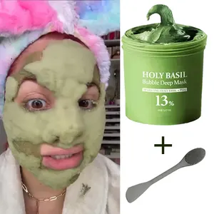 Holy Basil Bubble Deep Mask (90g) - Korean Pore Vacuum with 13% PHA + Carbonated Water | For Oily & Sensitive Skin | Blackhead Removal & Skin Repair Clay Mask | Sparkling Wash-Off Pack for Face & Stick Application
