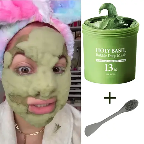 Holy Basil Bubble Deep Clay Mask (90g) - Korean Clean Beauty Facial Care Carbonated Pack, 13% PHA, Stick Application Wash-Off, Sensitive, Anti-Blemish Acne Care, Clogged Pores & Blackhead Removal, Skin Repair for All Skin Types