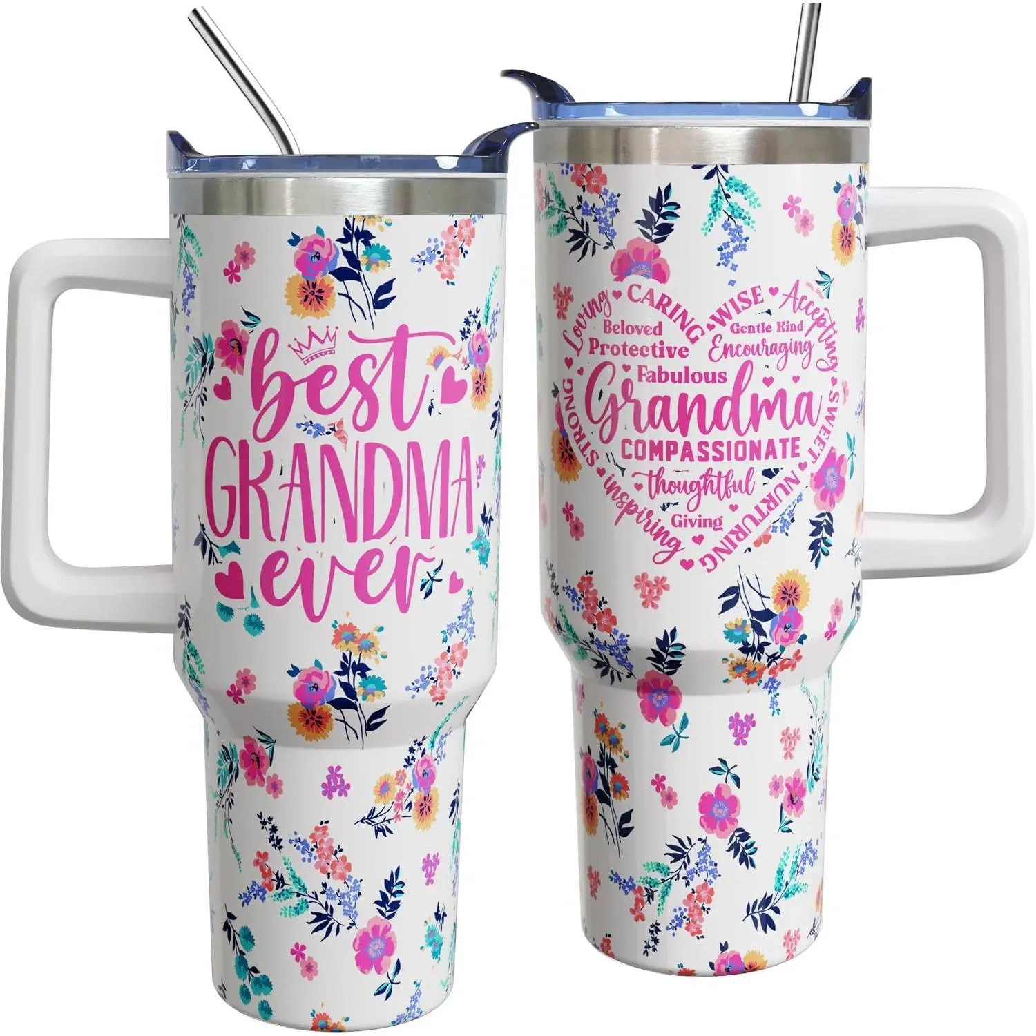 40oz Dual-Wall Vac. Stainless Steel Flask Set - Portable BPA-Free Dual-Tumbler Kitchenware Drinkware with Handle, Lid, Straw, Floral Print, Elegant Look, Best Mother’s Day Gifts for Grandma
