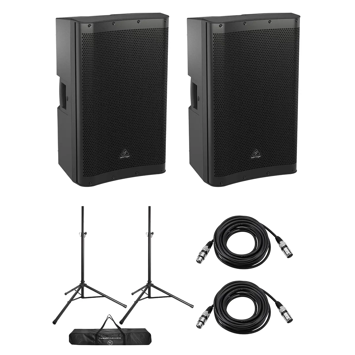 Behringer DR115DSP 15" 1400W 2-Way Active PA Speaker, Pair, w/Stands,Cables