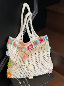 Women's Cute Flower Pattern Crochet Tote Bag, Fashionable Hollow Out Shoulder Bag for Daily Used, Casual Trendy Versatile High-quality Daily Commuting Bag