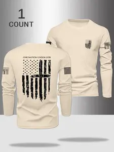 Men's Long Sleeve Round Neck T-Shirt, Flag Pattern Print, Polyester Material, Slightly Elastic Fabric, Casual Fit for Spring & Outdoor Sports, Athletic Shirt