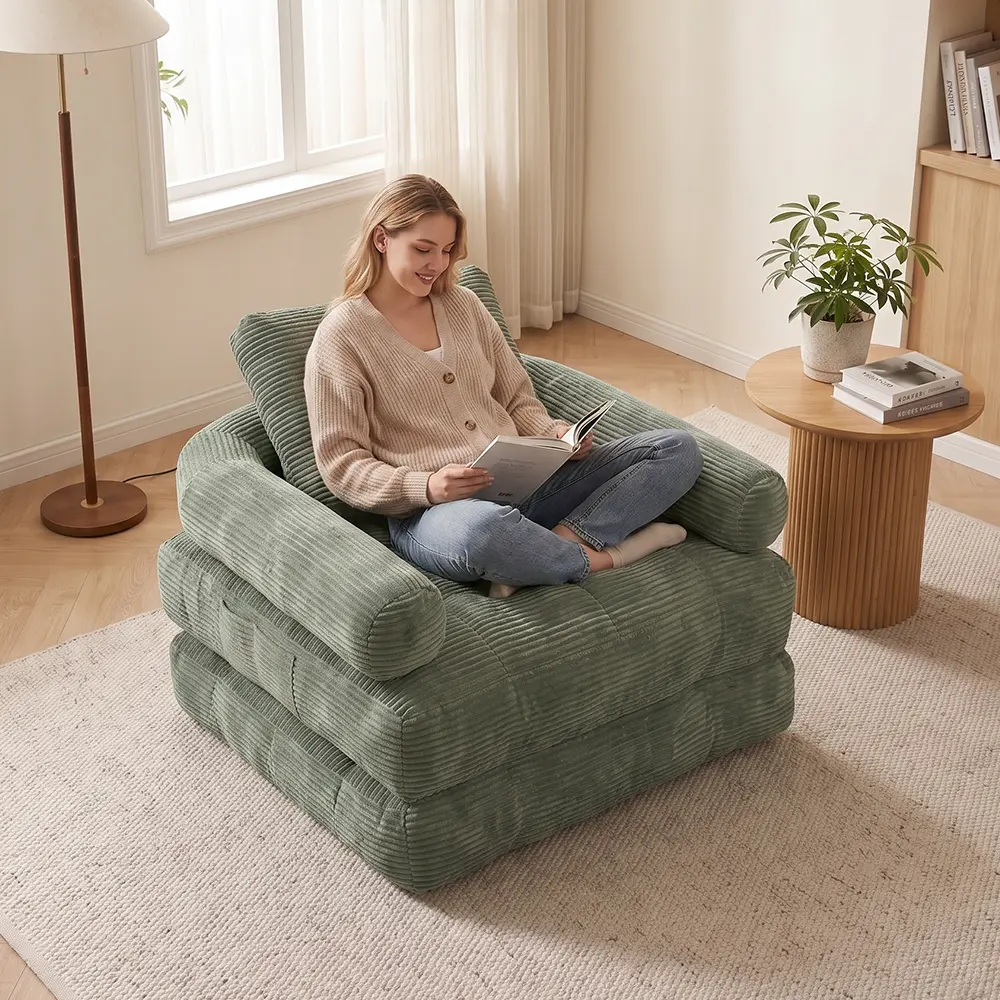 chaise lounge chair 2-in-1 Corduroy  Bed - Adjustable Folding Sofa Lounger with Pillow,foldable bed, boneless sofa bed,removable backrest,Modern Compact Apartment Furniture, Agile Seating for Bedroom, Living Room recliner loveseat