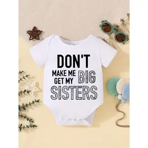 Boys' "Don't Let Me Get My Big Sister" Cotton Onesie - Casual Short Sleeve Romper with Playful Letter Print, Machine Washable, Ideal for Outdoor Fun, Playful Baby Outfit | Humorous Graphic Tee | Soft Knitted Fabric, Perfect for Outdoor