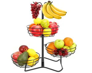 3 Tier Fruit Basket Bowl with 2 Banana Hooks, Solid Metal Standing Vegetable Storage for Kitchen Counter, Large Capacity Organizer for Bread Snack Produce (Black)