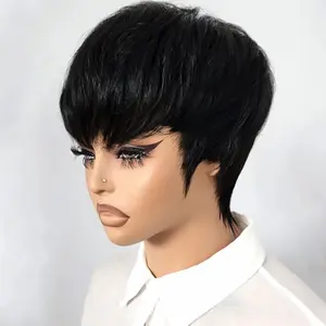 MYLOCKME Hair Pixie Cut Short Full Machine Made Human Hair Wigs No Lace No Glue