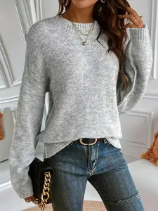 Women's Plain Basic Drop Shoulder Knitted Fabric Sweater Pullover, Casual Chic Fitted Long Sleeve Round Neck Jumper for Daily Outdoor Wear, Ladies Knitwear Womenswear for All Seasons,Gifts For Women