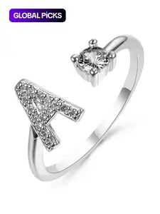 Summer 2026 Creative Letter Cuff Ring with Artificial Zircon Decor, Adjustable Open Ring, Fashion Jewelry for Women & Girls