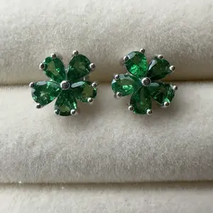 <PingEast jewelry > EDP306----925 Sterling Silver Floral Stud Earrings with 9mm Natural Kazani Green Tsavorite Garnets – Certificate Included