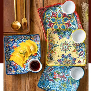 Floral Pattern Ceramic Plate Set, 4 Counts/set Creative Colorful Modern Ceramic Plates, Kitchen Tableware for Home Use, Dishwasher & Microwave