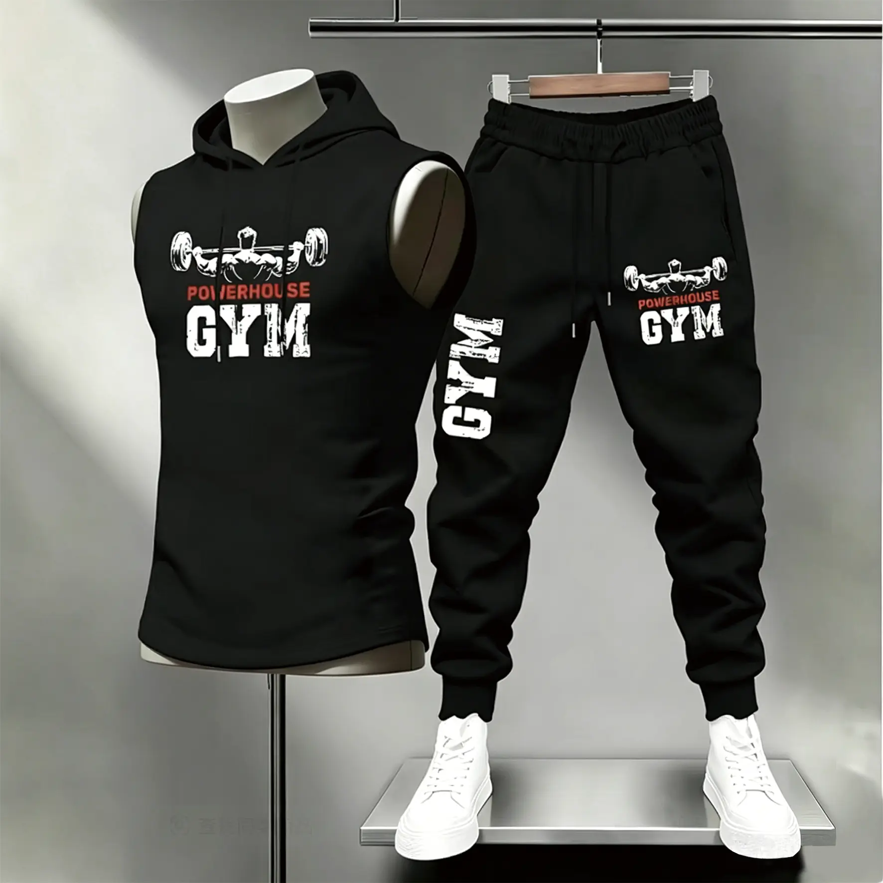 Powerhouse Gym Sleeveless Hoodie 2-Piece Jogger Tracksuit for Men #GymSet #WorkoutClothes #FitnessOutfit