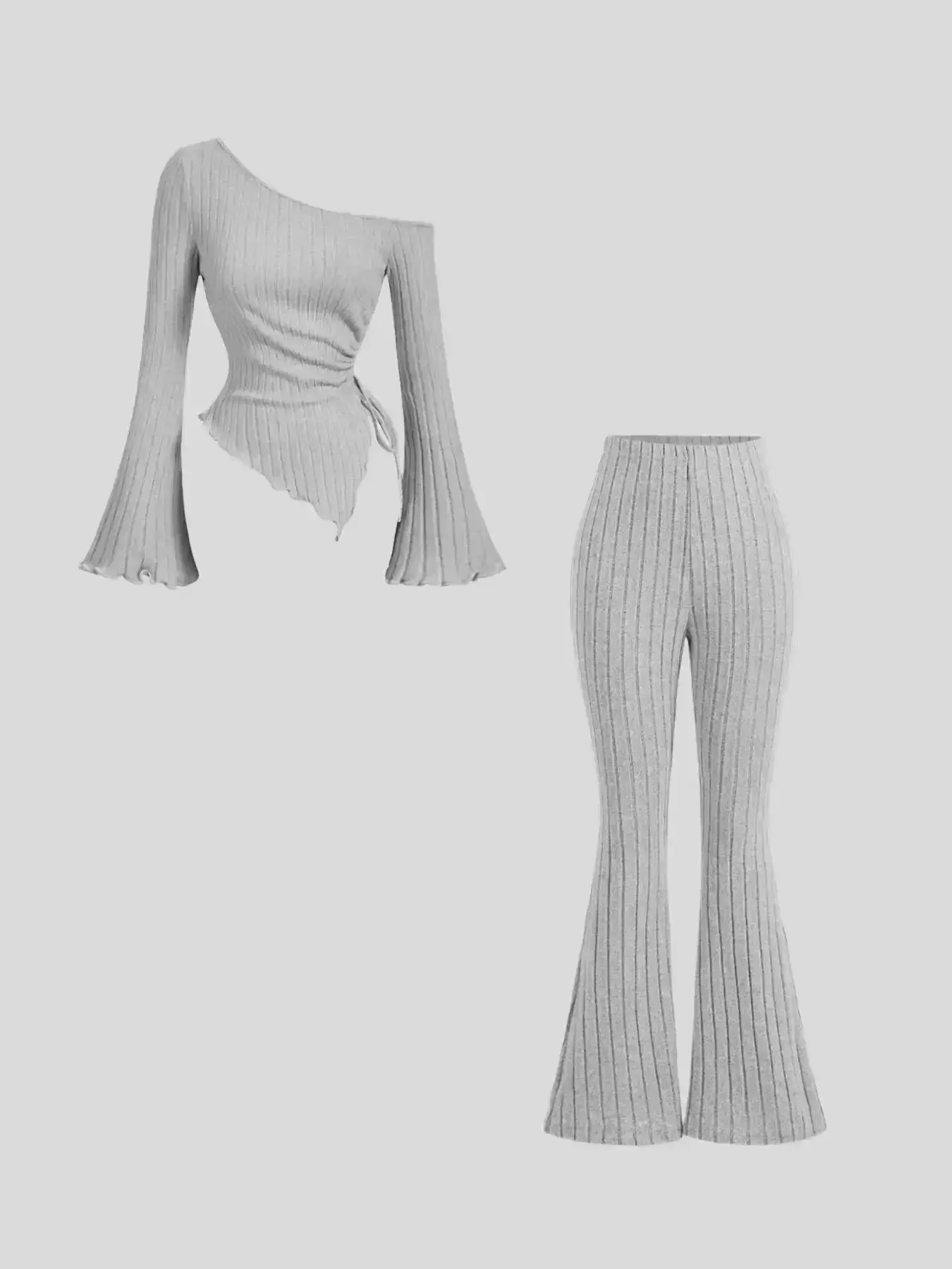 Women's Solid Drawstring Ruched Top & Flare Leg Pants Two-piece Set, Casual Chic Fashion Cozy Fitted Asymmetrical Neck & Trousers for Daily Outdoor Wear, Clothing Spring & Fall, Figure Flattering, Slimming Style