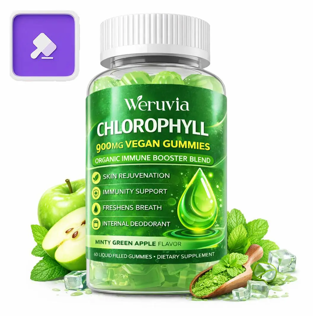 $1 AUCTIONS Chlorophyll Gummies with Wheatgrass, Seaweed, Apple Cider Vinegar, Elderberry, Echinacea, Zinc & Vitamins C, D3, E, B12 - Super Greens Blend Dietary Supplement, 60 Gummies