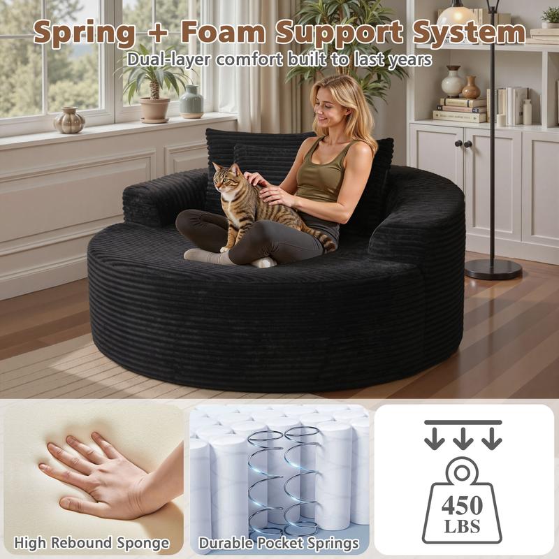 CAODOC 59" W Oversized Round Sofa Bed - Boneless&Modern O-Shape, Modern Deep Seat Couch with 3 Pillows, No Assembly Required, Plush Corduroy Fabric