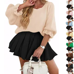 FMEYOA Womens Oversized Sweater Tops Crewneck Ruffle Puff Sleeve Knit Fall Sweaters Loose Fit Trendy Pullover Top