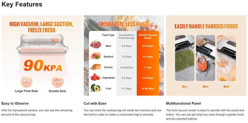 VEVOR Vacuum Sealer Machine, TikTokShopBlackFriday, 90Kpa 130W Powerful Dual Pump and Dual Sealing, Dry and Moist Food Storage, Automatic and Manual Air Sealing System with Built-in Cutter, with Seal Bag and External Hose