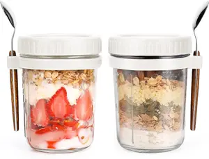 Overnight Oats Jars with Spoon and Lid 16 oz [2 Pack], Airtight Oatmeal Container with Measurement Marks, Mason Jars with Lid for Cereal On The Go Container (2pcs white)