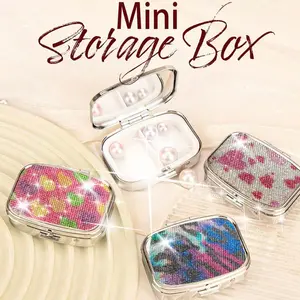 Luxurious Sparkling Diamond Portable Square Medicine Box, Dual Layer Design, Perfect for Pills, Jewelry Storage, Makeup Mirror, Creative Gift, Cosmetic Storage Box