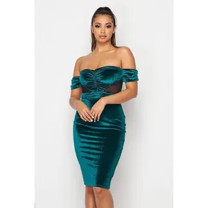 Emerald Green Off Shoulder Bodycon Velvet Dress