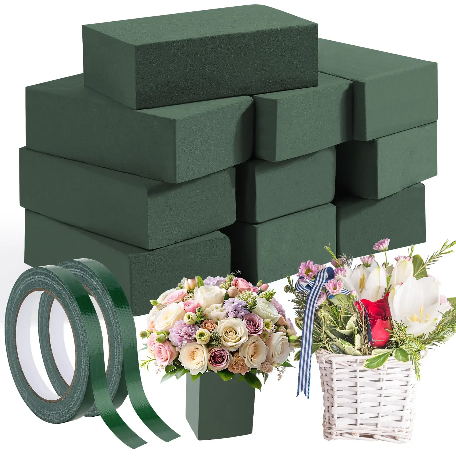 10 Pcs Small Floral Foam Blocks 5.5” x 3.1” x 1.7”, with 2 Rolls Waterproof Floral Tape - 12mm x 65.62ft, for Fresh or Artificial Flower Arrangements,for DIY Arrangements Home Wedding Decor